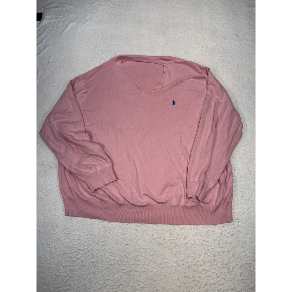 Polo Ralph Lauren Mens Pink Pima Cotton V-Neck Sweater Blue Pony Logo XL